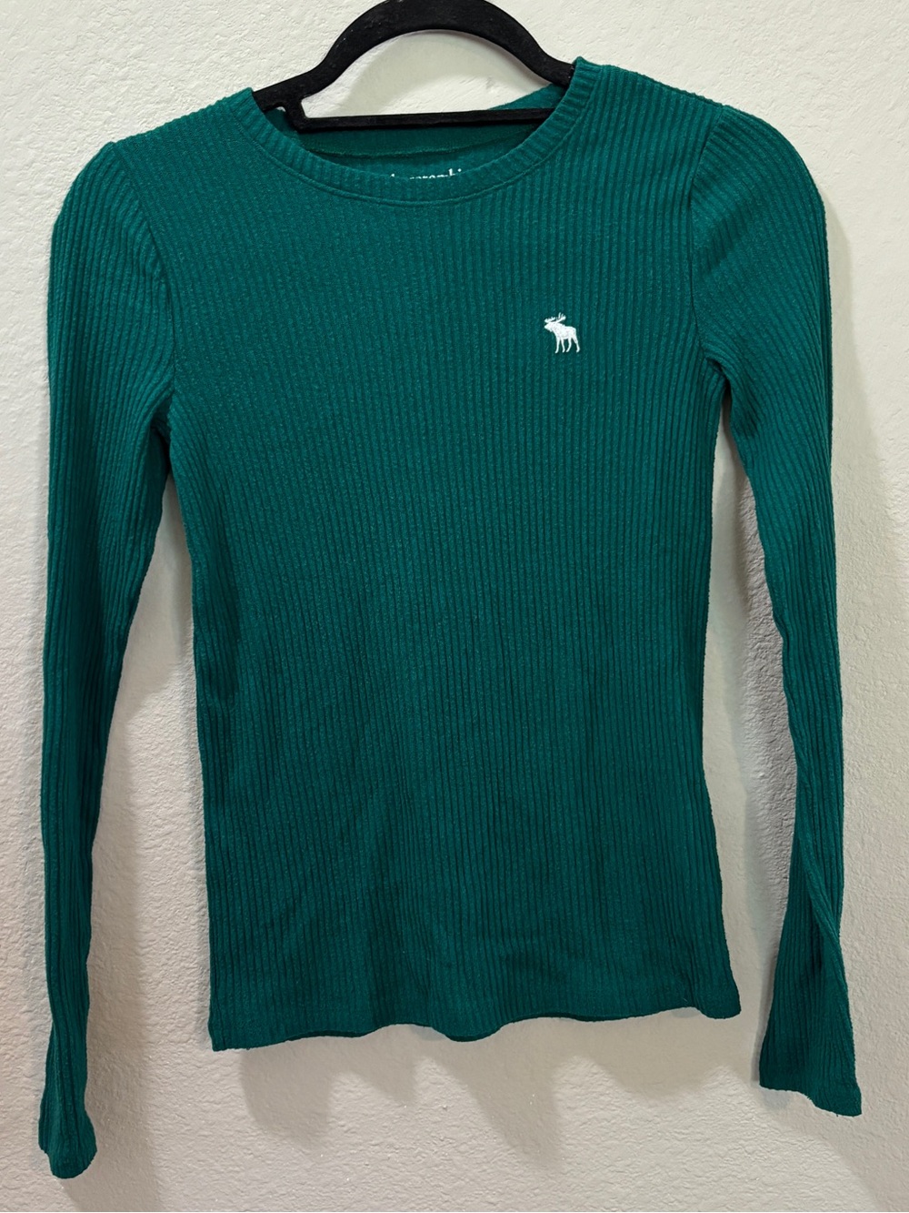 Abercrombie Kids Girls Green Ribbed Logo Long Sleeve Top Size 13/14
